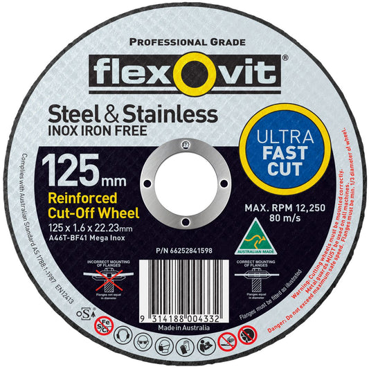 Flexovit Flat Ultra Thin 125mm X 1.6mm X 22mm Cut Off Wheel 66252841598