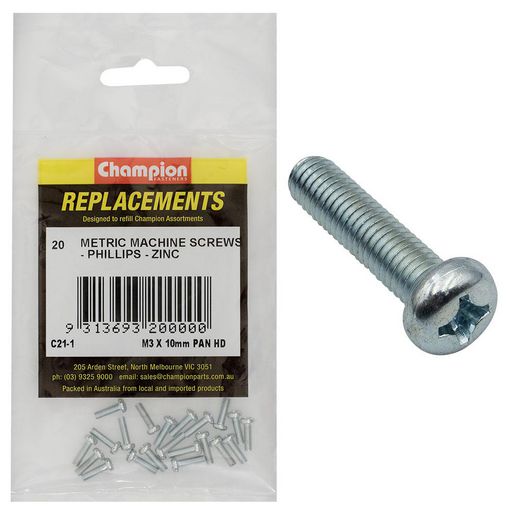 Champion Fasteners Machine Screw Pan Phillips M3 X 10mm Zinc Plated Refill Pack C21-1