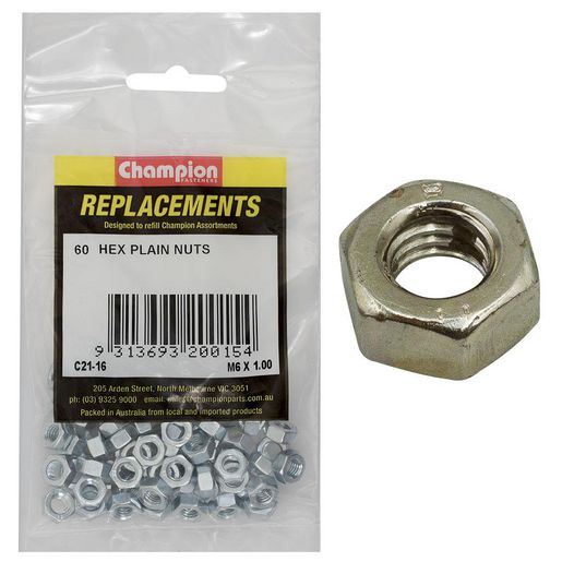 Champion Hex Nut Pack Plain High Tensile M6 x 1.00mm 60Pk C21-16