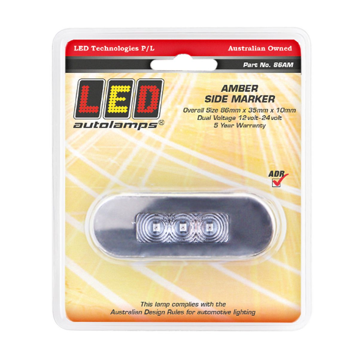 LED AutoLamps Side Marker with Stainless Steel Bezel Amber with Clear Lens 86x31x10mm 12-24V 86AM