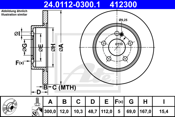 ATE Brake Rotor 300mm Rear 24.0112-0300.1