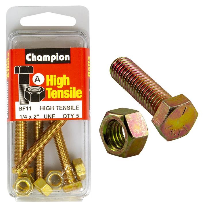 Champion Hex Nut & Screw Set 1/4"" x 2"" UNF High Tensile 10Pk BF11