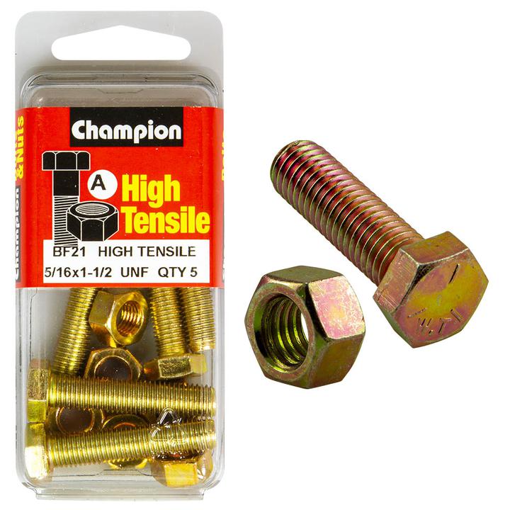 Champion Hex Nut & Screw Set 5/16"" x 1-1/2"" UNF High Tensile 10Pk BF21