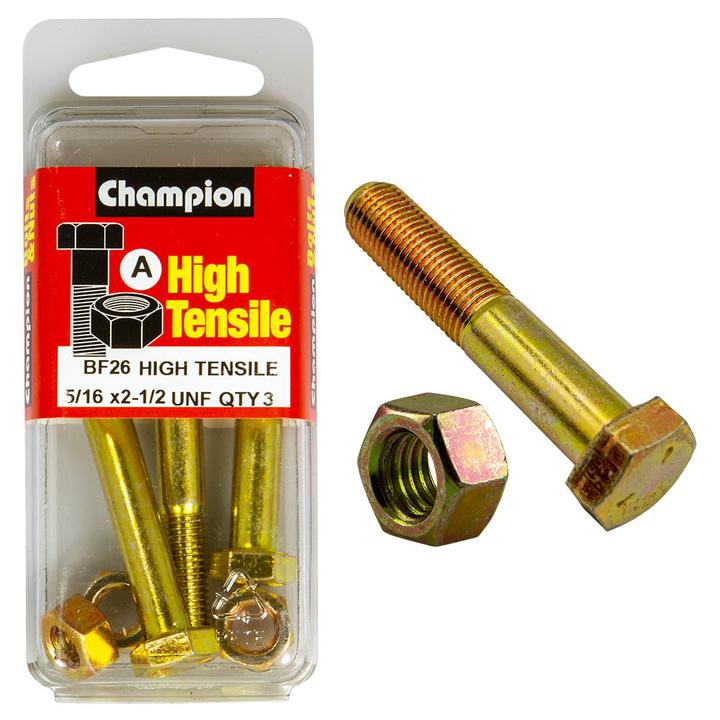Champion Hex Nut & Bolt Set 5/16"" x 2-1/2"" UNF High Tensile 6Pk BF26