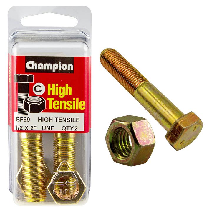 Champion Hex Nut & Bolt Set 1/2"" x 2"" UNF High Tensile 4Pk BF69