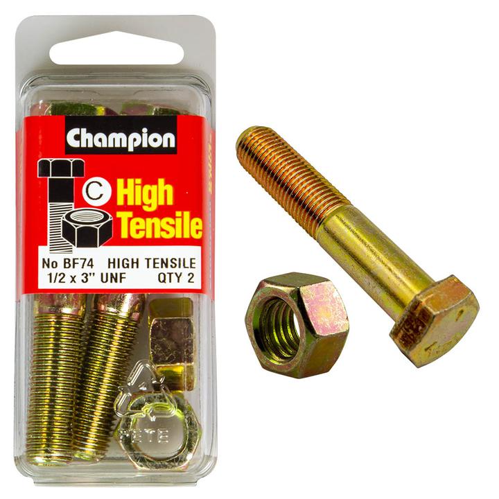 Champion Hex Nut & Bolt Set 1/2"" x 3"" UNF High Tensile 4Pk BF74