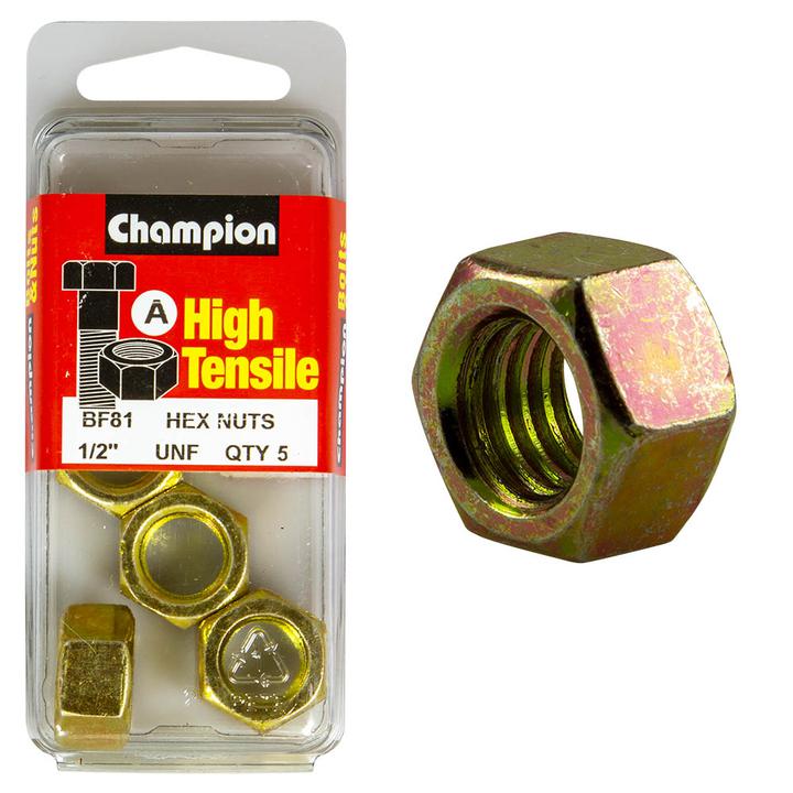 Champion Hex Nut Pack Plain UNF 1/2"" 5Pk BF81