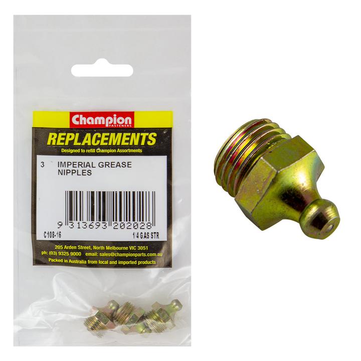 Champion Grease Nipple BSP Straight 1/4"" 3Pk C108-16