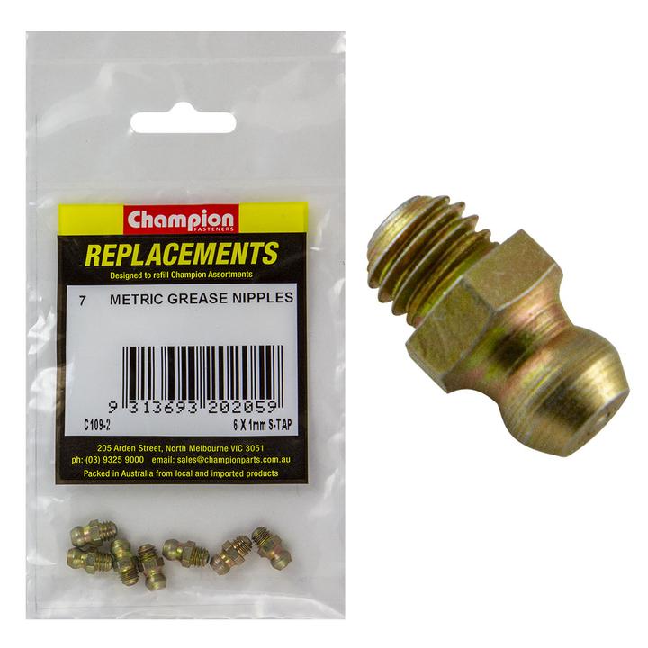 Champion Grease Nipple Self Tapp Straight M6 x 1.00mm 7Pk C109-2