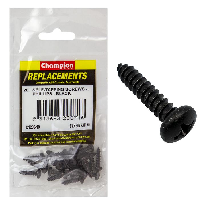 Champion Black Screw Self Tapp Panhead Phillips 4.8 x 19mm 20Pk C1200-10