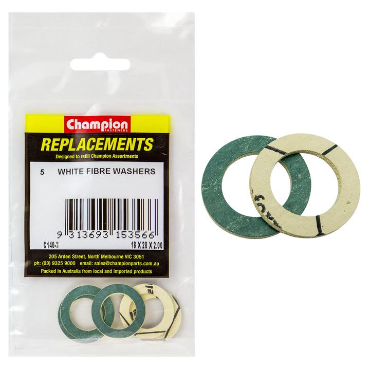 Champion Flat Fibre Washer White M18 x 28 x 2.00mm 5Pk C140-3