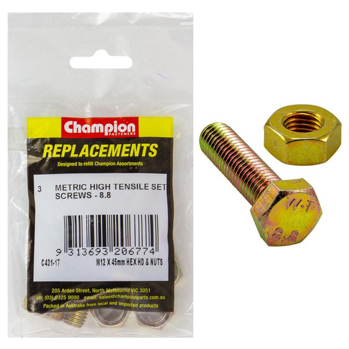 Champion Hex Nut M12 x 1.75mm & Screw M12 x 45mm Set 6Pk C431-17