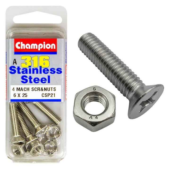 Champion Stainless Machine Screw & Nut CSK Phillips M6x25mm & M6x1.00mm-316/A4 8Pk CSP21