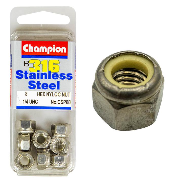 Champion Self Locking Hex Nut Nylon Stainless 1/4"" UNC 8Pk CSP88