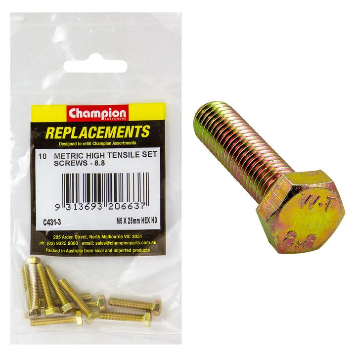 Champion Fasteners Hex Set High Tensile-M5 X 25mm-Grade 8.8 Screws C431-3
