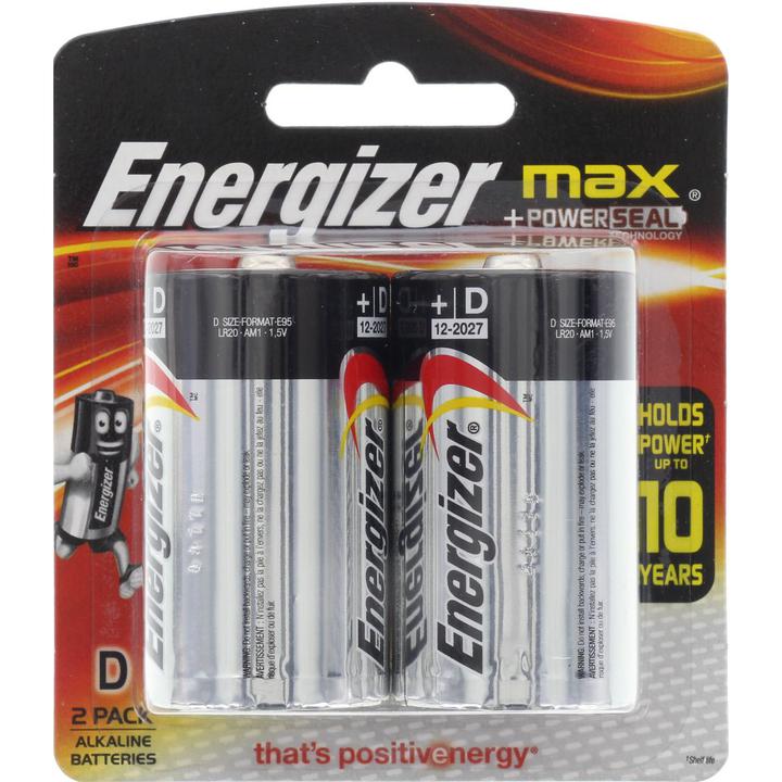 Energizer Max Powerseal Alkaline D Batteries 1.5V 2 Pack E95BP2T
