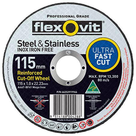 Flexovit Mega Inox Ultra Thin Reinforced Cut Off Wheel S/S A46T 115x1x22.2mm 66252919966