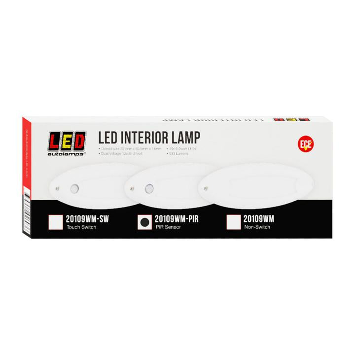 LED Autolamps Large Interior/Exterior Lamp with Aluminium Base and PIR Sensor White Oval 400 Effective Lumens 201mm 10-30V 20109WM-PIR