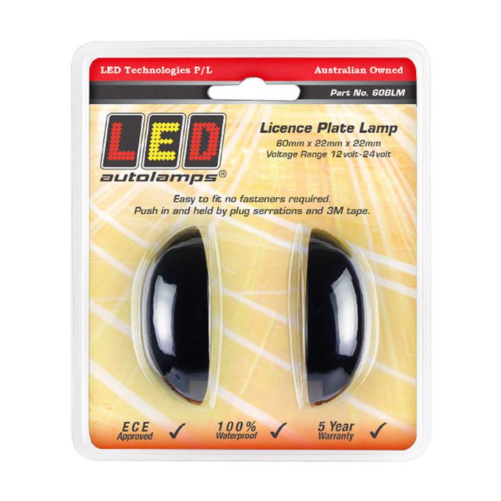 LED Autolamps Licence Plate Lamp with Black Base and 10cm Cable 60x22x32mm 12-24V Twin Pack 60BLM