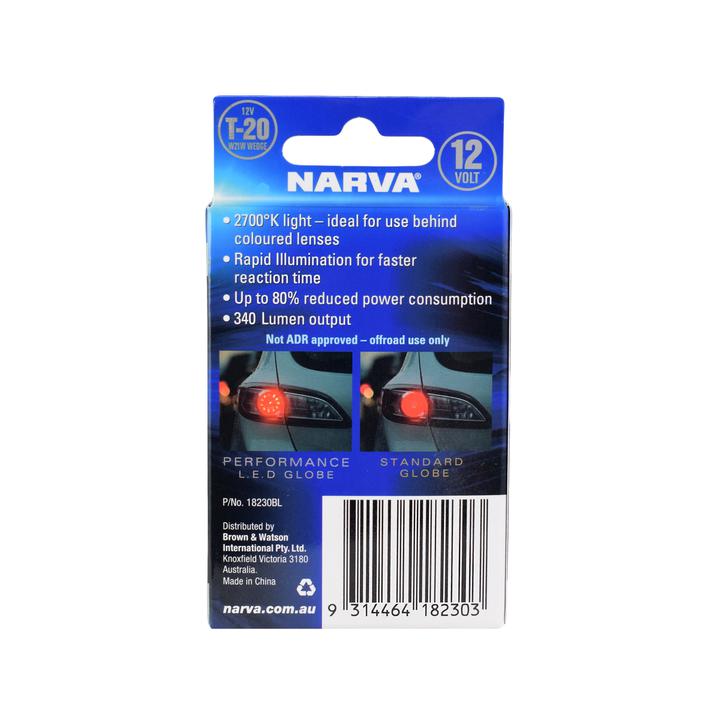 Narva 12V T20 W21W LED Wedge Globes Stop Light 2700K 2PK 18230BL
