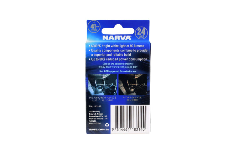 Narva LED Cool White Festoon Globe 24V 41mm 6000K Blister Pack 18314BL