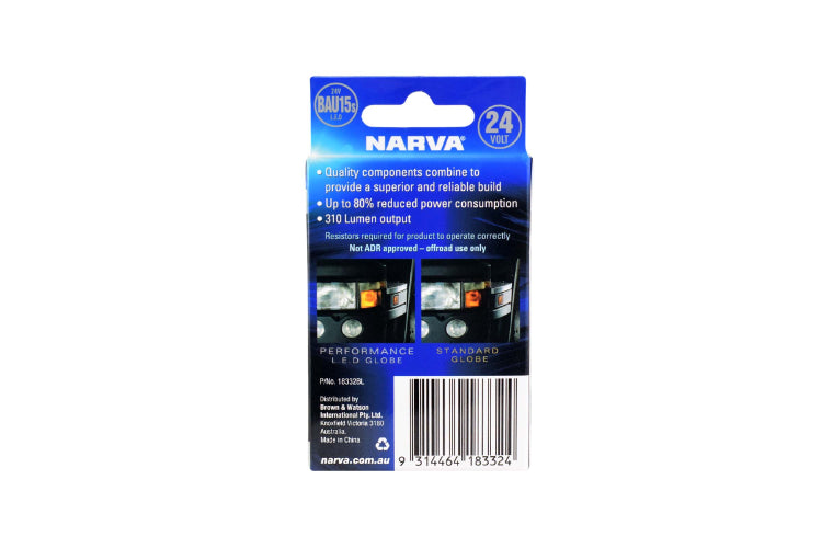 Narva LED Festoon Indicator Globe Amber BAU15S 24V 310Lm Twin Pack 18312BL