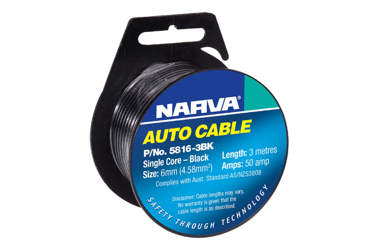 Narva Single Core Cable Black 50A 6mm x 3m 5816-3BK