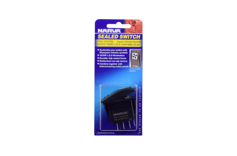 Narva LED On/On Sealed Rocker Switch Blue 12-24V 63167BL