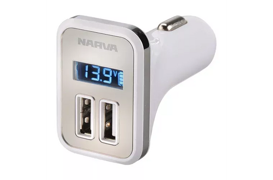 Narva Dual USB Adaptor 12-24V with LED Volt/AMP Display (Blister 1Pk) 81057BL