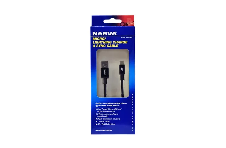 Narva Micro USB & Dual Faced Lightning Charge and Sync Cable (Blister 1Pk) 81070BL