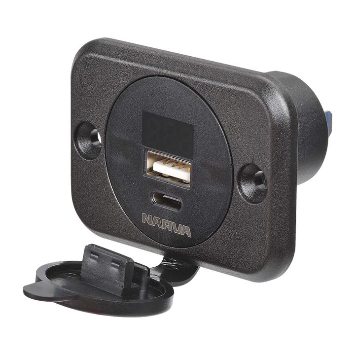 Narva Heavy Duty USB/USB-C Socket with Volt/Amp Meter 12-24V DC 81106BL