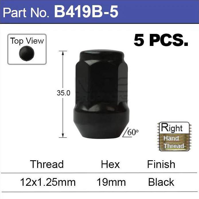 NICE Products Wheel Nuts 12x1.25mm Black (5 Pack) B419B-5