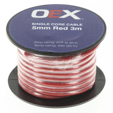 OEX Auto Cable 20A Single Core 5mm x 3m Red ACX0752-3M