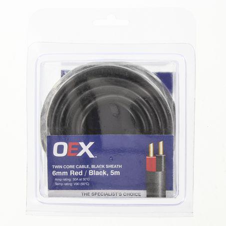 OEX Auto Cable 30A Twin Core 6mm x 5m Red/Black w/Black Sheath ACX0811-5BL