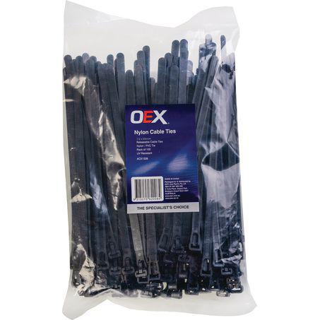 OEX Nylon Cable Ties 7.6mm x 200mm Releasable Black 100 Pack ACX1328