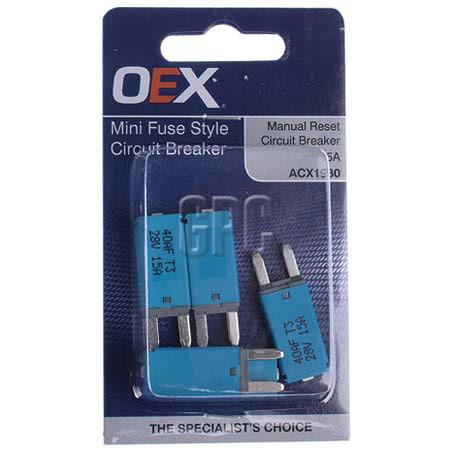 OEX Circuit Breaker Mini Blade Manual Reset 15A (Pack of 5) ACX1930