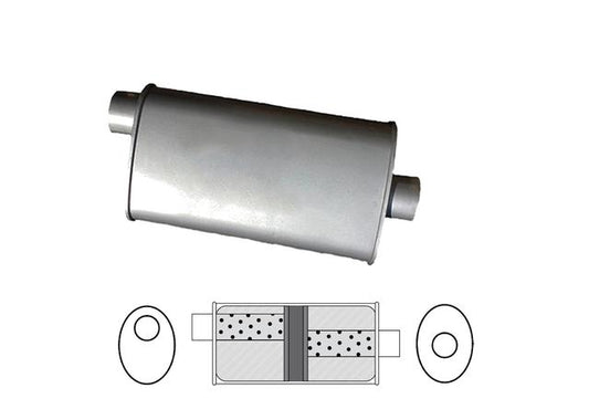 Redback Oval Muffler 16" Long 2.5" Offset/Centre Glass Packed Mild J735GPC