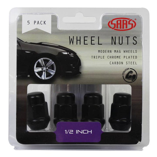 SAAS Wheel Nuts Acorn Bulge 1/2"" Black 35mm (5 Pack) 335315BC