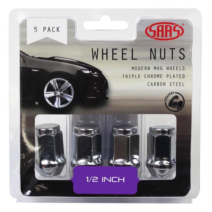 SAAS Wheel Nuts Flat Head Bulge 1/2"" Chrome 35mm (5 Pack) 435915