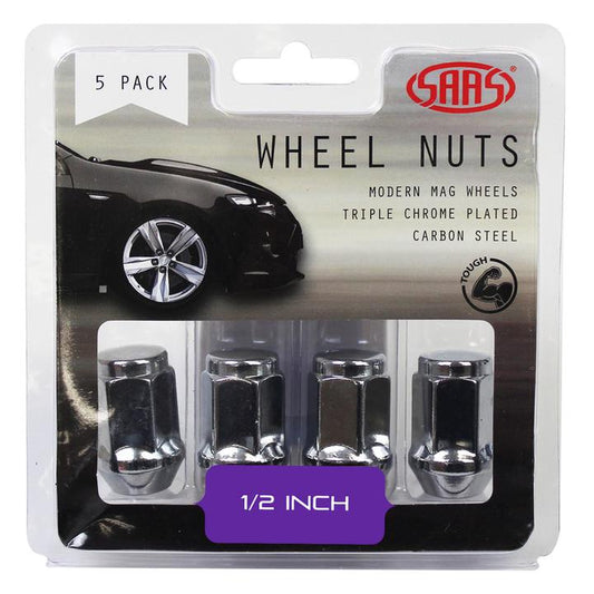SAAS Wheel Nuts Flat Head Bulge 1/2"" Chrome 35mm (5 Pack) 435915