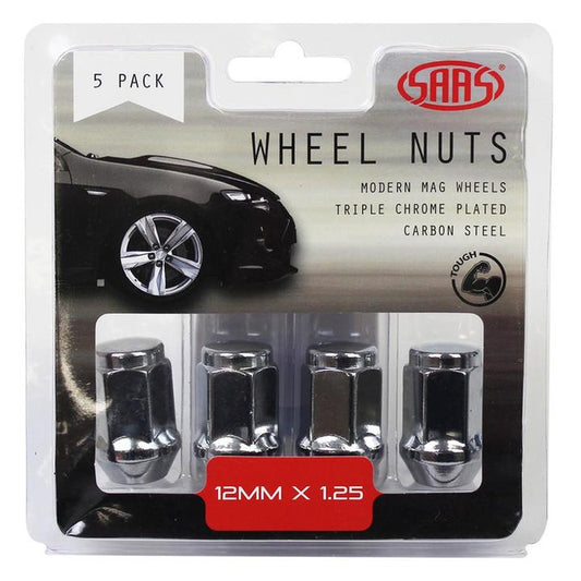SAAS Wheel Nuts Flat Head Bulge M12x1.25 Chrome 35mm (5 Pack) 435955