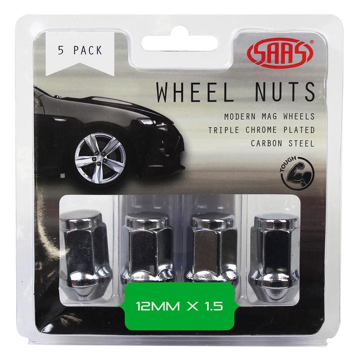 SAAS Wheel Nuts Flat Head Bulge M12x1.50 Chrome 35mm (5 Pack) 435965