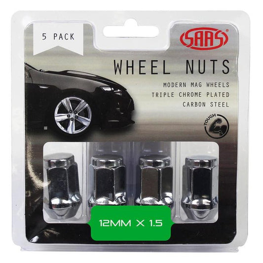 SAAS Wheel Nuts Flat Head Bulge M12x1.50 Chrome 35mm (5 Pack) 435965