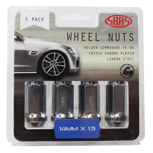 SAAS Wheel Nuts Flat Head Bulge 14X 1.5 Chrome 45mm (5 Pack) 445995
