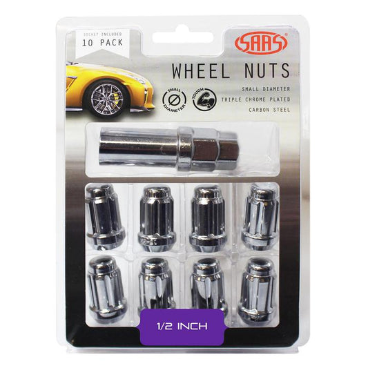 SAAS Wheel Nuts S/D 6 Spline 1/2"" (Inc Key) Chrome (10 Pack) 6330110