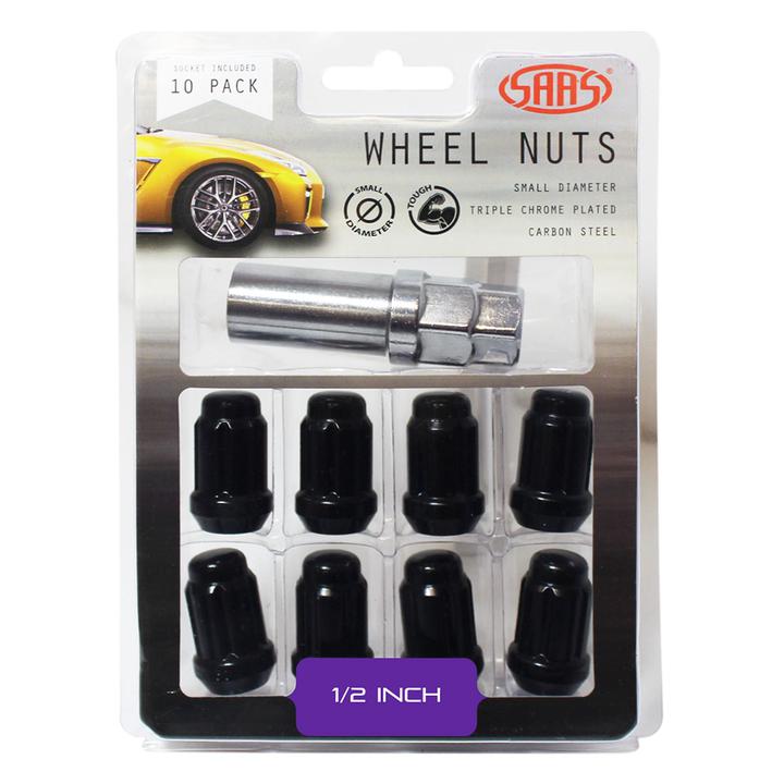 SAAS Wheel Nuts S/D 6 Spline 1/2"" (Inc Key) Black (10 Pack) 6330110BC