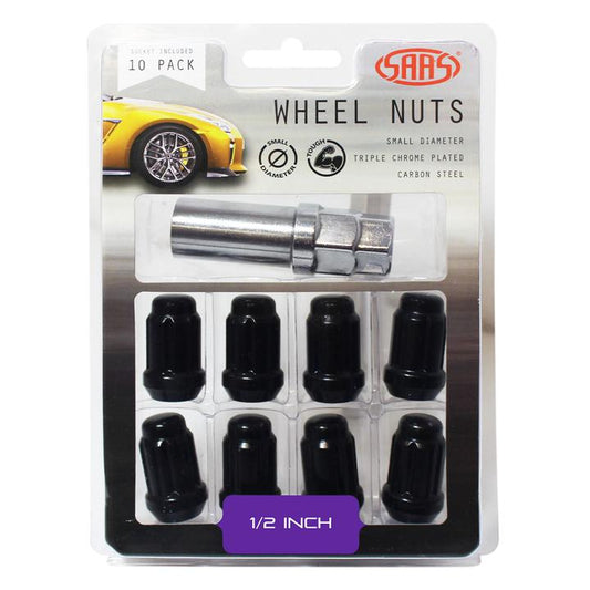 SAAS Wheel Nuts S/D 6 Spline 1/2"" (Inc Key) Black (10 Pack) 6330110BC