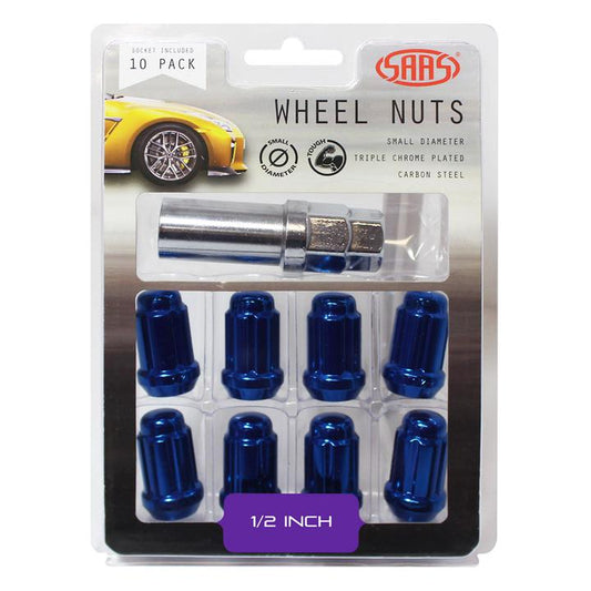SAAS Wheel Nuts S/D 6 Spline 1/2"" (Inc Key) Blue (10 Pack) 6330110BL