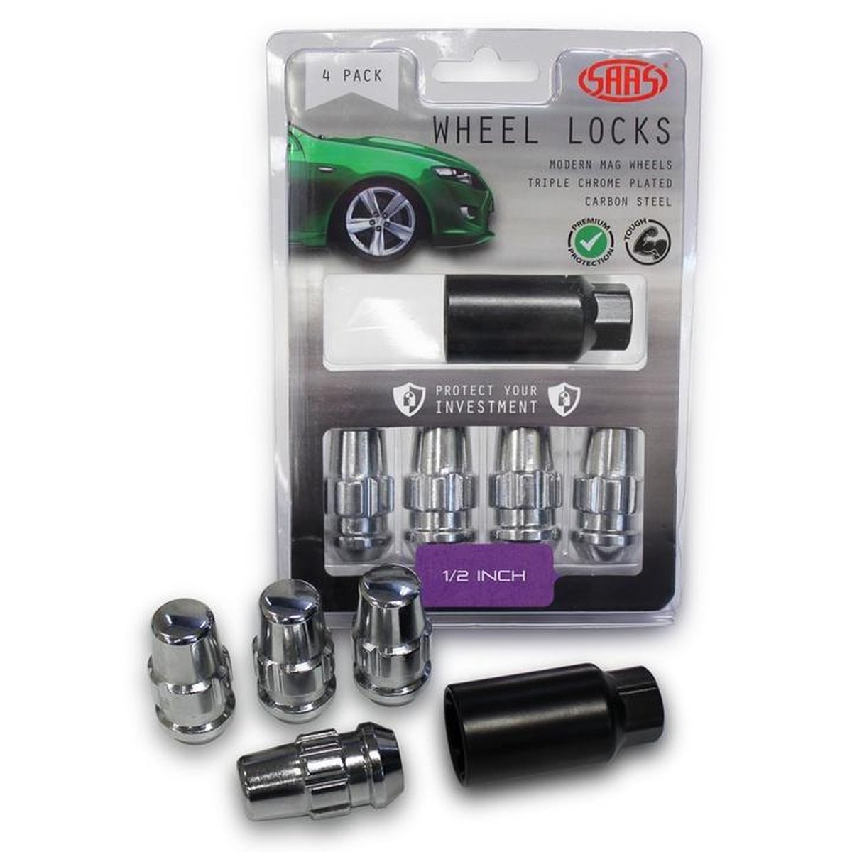 SAAS Locking Wheel Nuts Splined Acorn Bulge 1/2"" 44mm (4 Pack) 924421