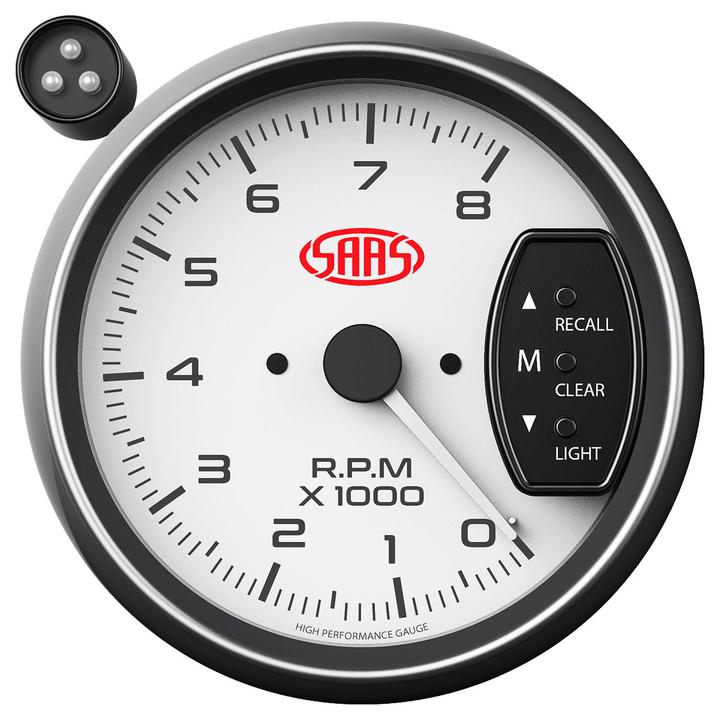 SAAS Muscle Series 3-3/4"" Tacho Gauge 8,000RPM w/Shift Light White SG-TAC334W